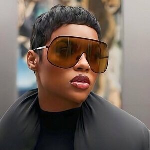 Shield Sunglasses Oversized Trendy Rivet Brown Lens Fashion Statement Lentes New